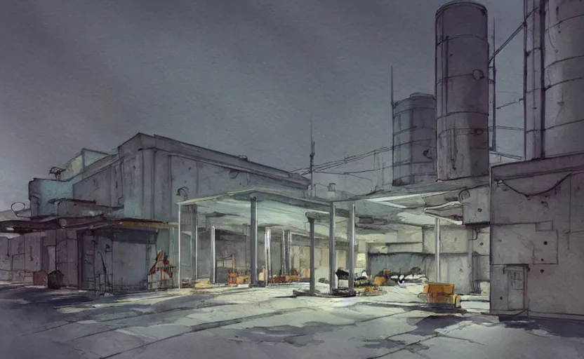 Image similar to concept art of a concrete factory exterior, pinterest, artstation trending, behance, watercolor, by coby whitmore, silver, laser light,