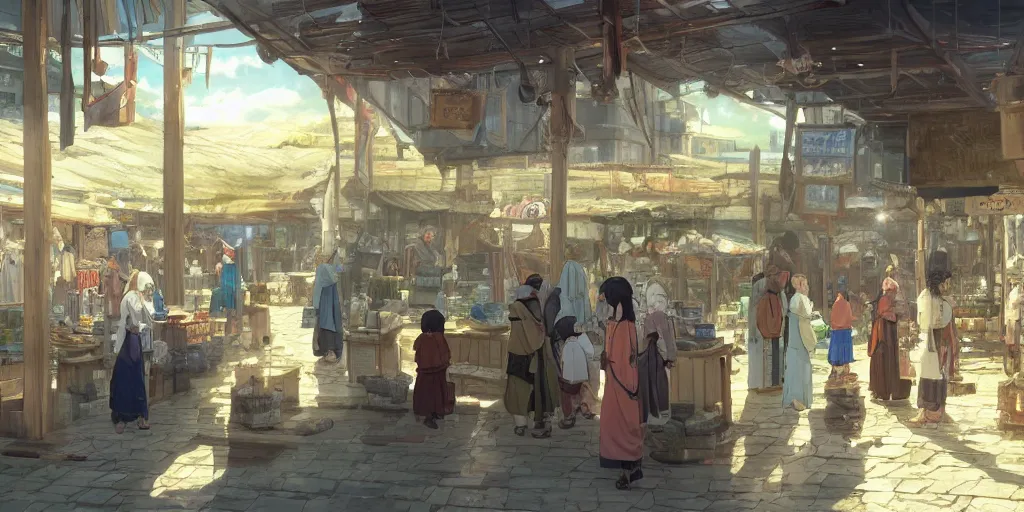 Prompt: biblical marketplace by makoto shinkai