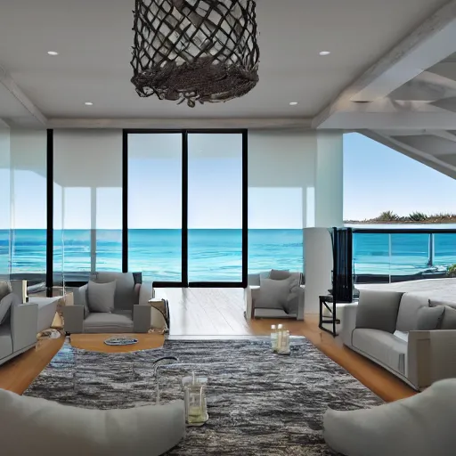 Image similar to contemporary interior design, beach house with luxurious living room and a scenic view of the sea and sun, photorealistic, ultra-detailed, high resolution, HDR shot