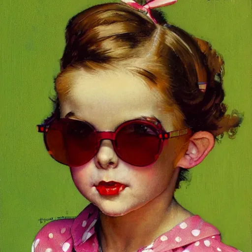 Prompt: a norman rockwell painting of a classic younger girl wearing brightly colored cheap sunglasses