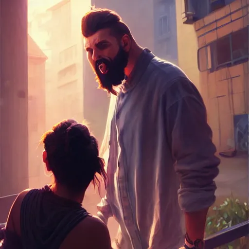 Image similar to bearded man is yelling at a teenage girl, highly detailed, professional digital painting, unreal engine 5, photorealism, hd quality, 8 k resolution, cinema 4 d, 3 d, cinematic, art by artgerm and greg rutkowski and alphonse mucha and loish and wlop