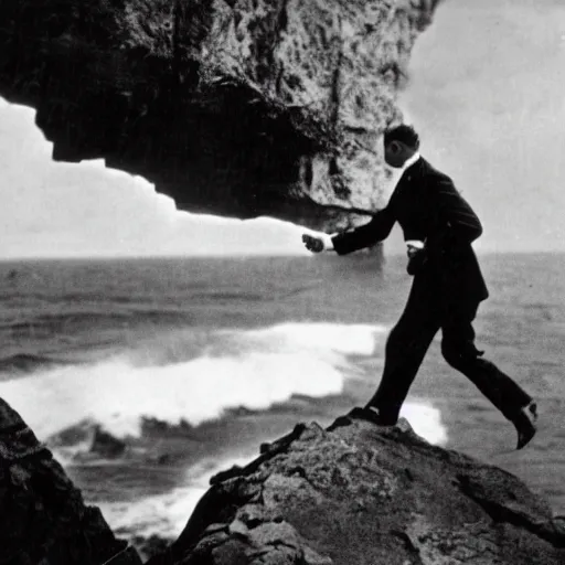 Image similar to anthro fox man in suit about to fall off cliff into scary stormy ocean, far shot, 1920s film