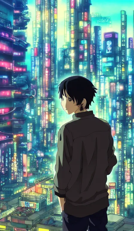 Image similar to anime fine details portrait of Tanjiro Kamado in front of cyberpunk moder city landscape on the background deep bokeh, close-up view, anime masterpiece by Studio Ghibli. 8k, sharp high quality anime, artstation