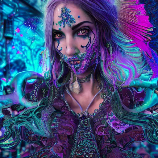 Image similar to psychadelic witch, hyper detailed, flowing psychadelic background intricate and detailed, ornate 8 k gorgeous intricate detailed, octane render