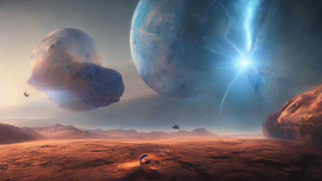 Image similar to the collision of the mars and the earth, art by Jessica Rossier,