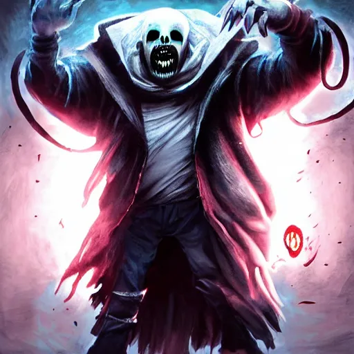 Image similar to photorealistic dark fantasy concept art of ultra horror nightmare sans with his eye glowing, and a hole in his chest, dynamic lighting, stunning visuals, ray tracing, beautiful scenery, cinematic, full body portrait, ultra detailed, hyper detail, stunning detail