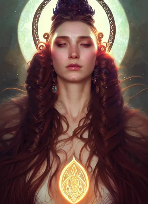 Image similar to a beautiful cinematic female druid goddess, galatic shamen with Quantum energy fantasy, fantasy magic, undercut hairstyle, dark light night, intricate, elegant, sharp focus, illustration, highly detailed, digital painting, concept art, matte, art by WLOP and Artgerm and Greg Rutkowski and Alphonse Mucha, masterpiece