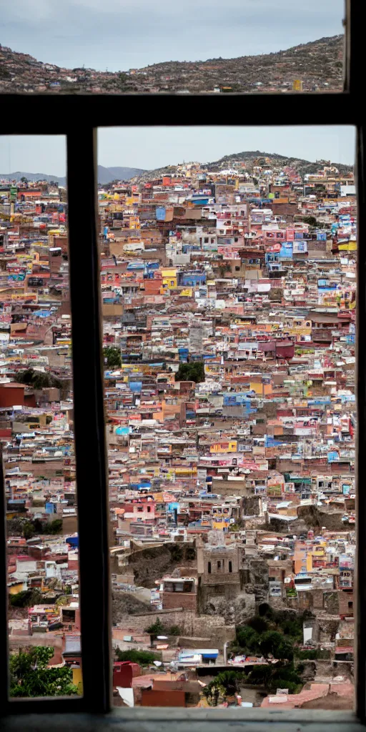 Image similar to window in foreground, guanajuato city in background, by wes anderson