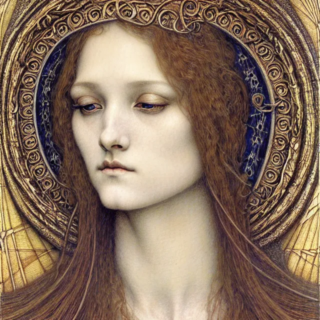 Image similar to detailed realistic beautiful young medieval queen face portrait by jean delville, gustave dore and marco mazzoni, art nouveau, symbolist, visionary, gothic, pre - raphaelite. horizontal symmetry