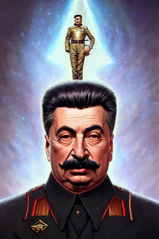 Image similar to a portrait of intergalactic joseph stalin, grim - lighting, high - contrast, intricate, elegant, highly detailed, centered, digital painting, artstation, concept art, smooth, sharp focus, illustration, artgerm, tomasz alen kopera, peter mohrbacher, donato giancola, joseph christian leyendecker, wlop, boris vallejo