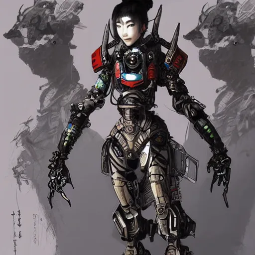 Prompt: female samurai cyborg, mech, cyberpunk, intricate details, highly detailed, concept art. Art by Nivanh Chanthara