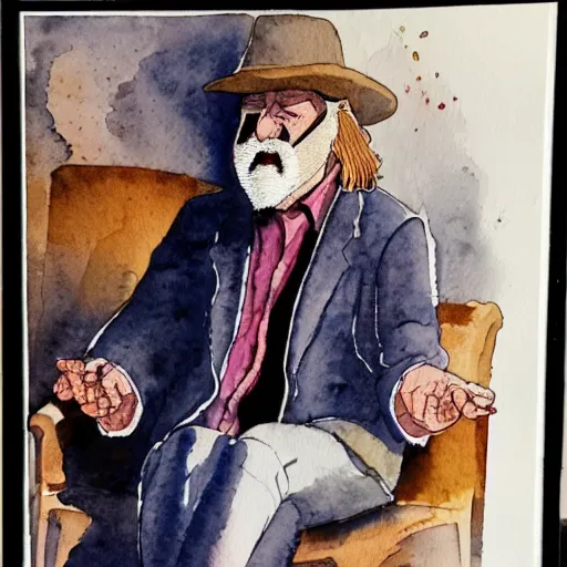 Image similar to watercolor ink painting of an man sitting, the dude from the big lebowski magician closes his eyes, in the style of jean giraud, 8 k, highly detailed