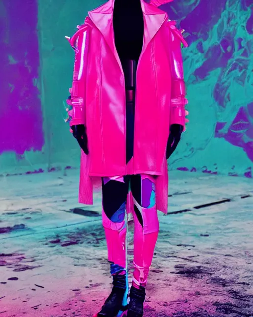 Image similar to an award winning fashion photograph leaked screenshot of Balenciaga's fashion week 2049 campaign by Demna Gvasalia, cyberpunk, futuristic, Bladerunner 2049, dazzle camouflage!, dayglo pink, dayglo blue, raven black