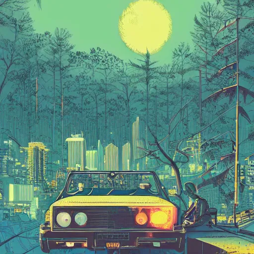 Image similar to Stunning illustration of single cyberpunk explorer overlooking lush forest filled with abandoned cars and robots , highly detailed, sunset, by Victo Ngai and James Gilleard , Moebius, Laurie Greasley