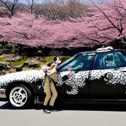 Prompt: photo of a dragon black polka dotted furred dragon driving a nissan hakosuka 2000 GTR down the cherry blossoming mt hakone