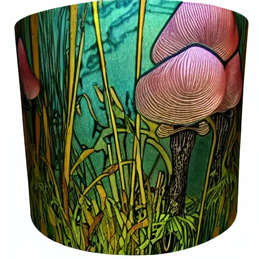 Image similar to beautiful victorian art nouveau mushroom shaped lampshade, river reeds duckweeds close up abstract mallard feathers, mucha tiffany kilian eng