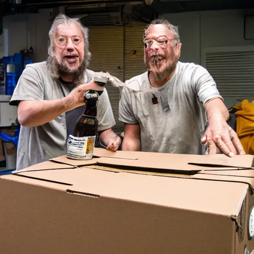 Image similar to a dlsr photo of two hobos creating a time machine from beer bottles and cardboard boxes. symmetry. awesome exposition. very detailed, 5 0 mm lens, professional lighting diffracted lightrays 4 k.