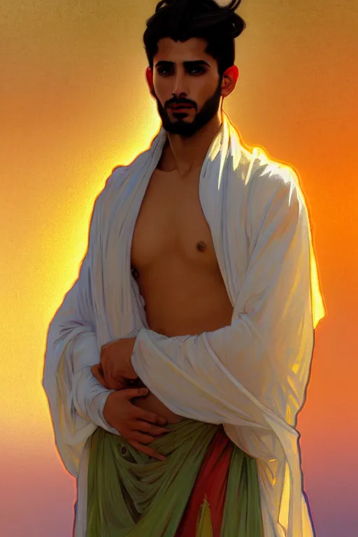 Image similar to full figure beautiful young fit arabic man, dressed with multicolored fluent clothes, luminous scene, by greg rutkowski and alphonse mucha, d & d character, gradient white to gold, in front of a dune desert background, highly detailed portrait, digital painting, artstation, concept art, smooth, sharp focus illustration, artstation hq