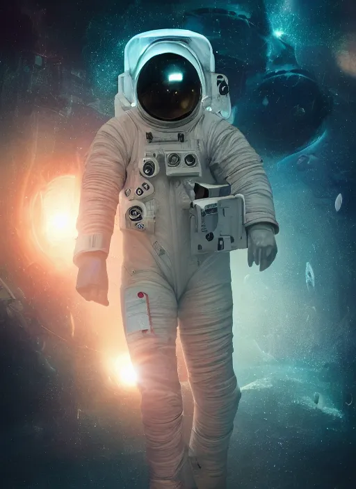 Image similar to complex poster by craig mullins astronaut in futuristic dark and empty spaceship underwater. infrared glowing lights. complex and hyperdetailed technical pink suit. reflection and dispersion materials. rays and dispersion of light. volumetric light. 5 0 mm, f / 3 2. noise film photo. lens flare. flash photography. unreal engine 4, octane render. interstellar movie art