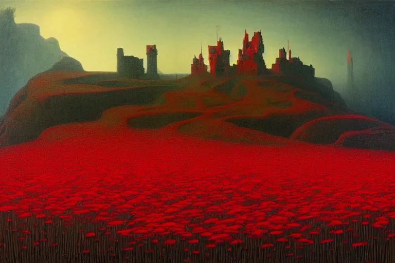 Image similar to only with red, red flowers of different types, a castle in the background, red orcs and trolls dance over the flowers, in the style of beksinski, part by hopper, part by rodcenko, part by hofbauer, intricate composition, red by caravaggio, insanely quality, highly detailed, masterpiece, red light, artstation, 8 k