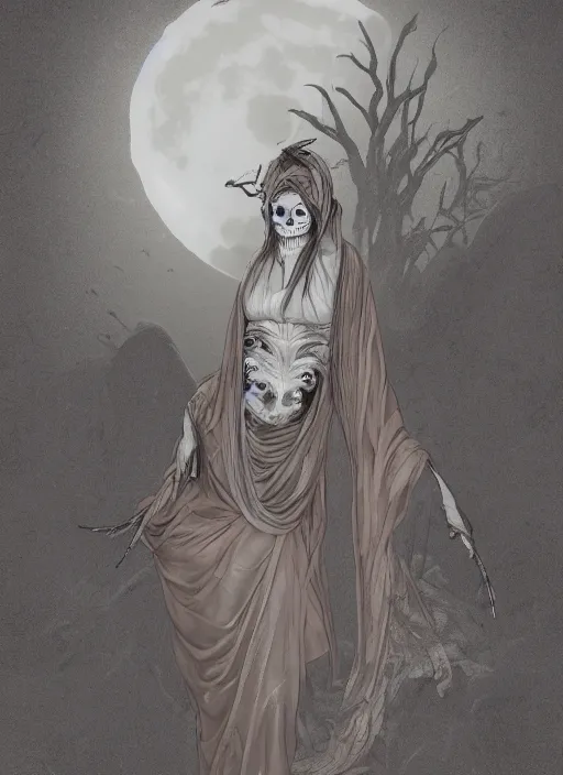 Image similar to gorgeous yokai woman in a silver robe on the rock altar at dusk muted fall colors demonic skull-face, robes veil, foggy, eerie scene moon light, trending on artstation, eleganty beauty, unreal 4, artstation, marmoset, octane, cgsociety, zbrush, engraving, etching, printmaking, exposed bones, occult, tarot, octane ,caravaggio