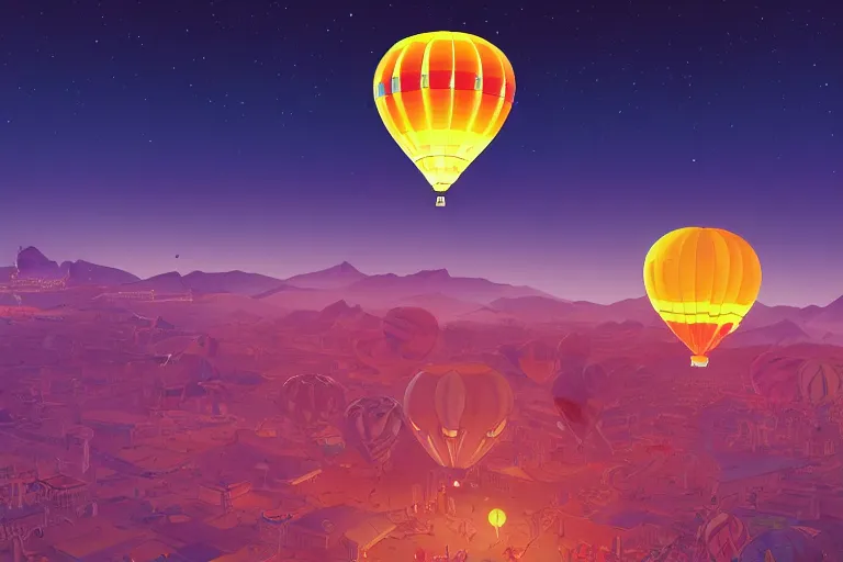 Image similar to a luminescent illuminated hot air balloon at night viewed from above by paolo eleuteri serpieri and tomer hanuka and chesley bonestell and daniel merriam and tomokazu matsuyama, unreal engine, high resolution render, featured on artstation, octane, 8 k, highly intricate details, vivid colors, vector illustration