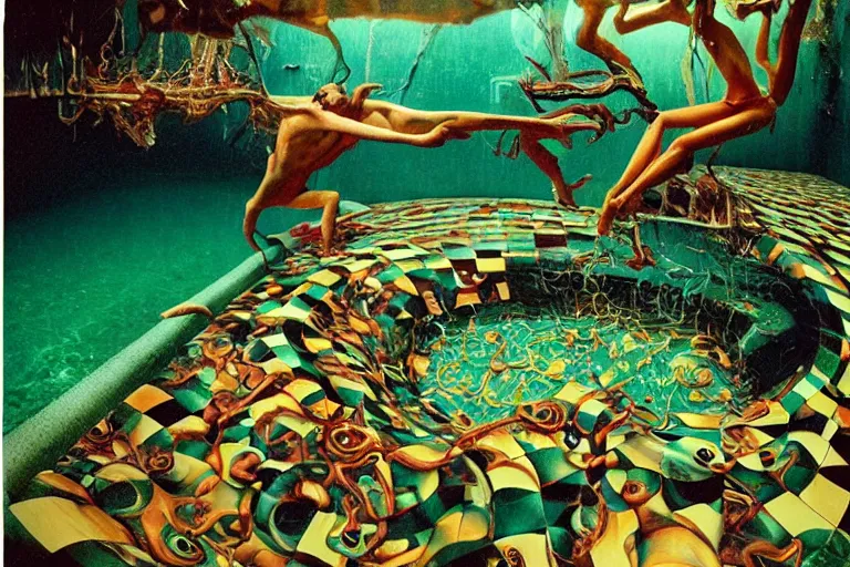 Prompt: 35mm color lomography, last photo, portrait, fashion shoot, weird, random, strange, spooky, hyperdetailed, photorealistic, high fashion, interesting, swimming pool, david cronenberg, by Jacek Yerka ,Mariusz Lewandowski