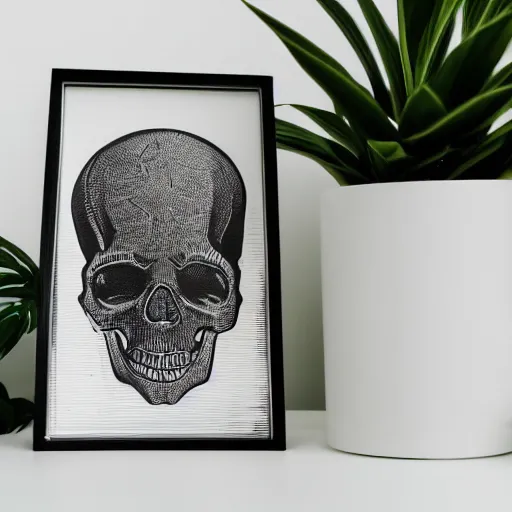 Prompt: black and white linocut print depicting a skull sitting on top of a wifi router on a table, next to a plant