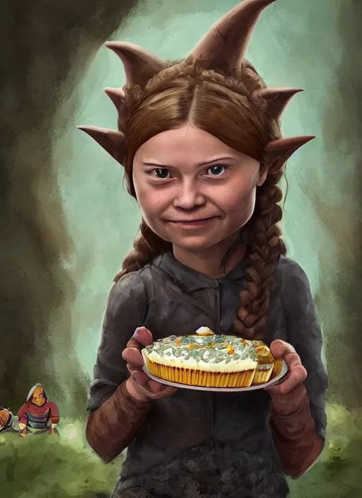 Image similar to greta thunberg as a medieval goblin eating cakes. detailed digital art, trending on Artstation