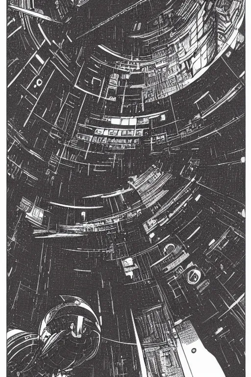 Prompt: Soviet infinite megastructure space by Tsutomu Nihei