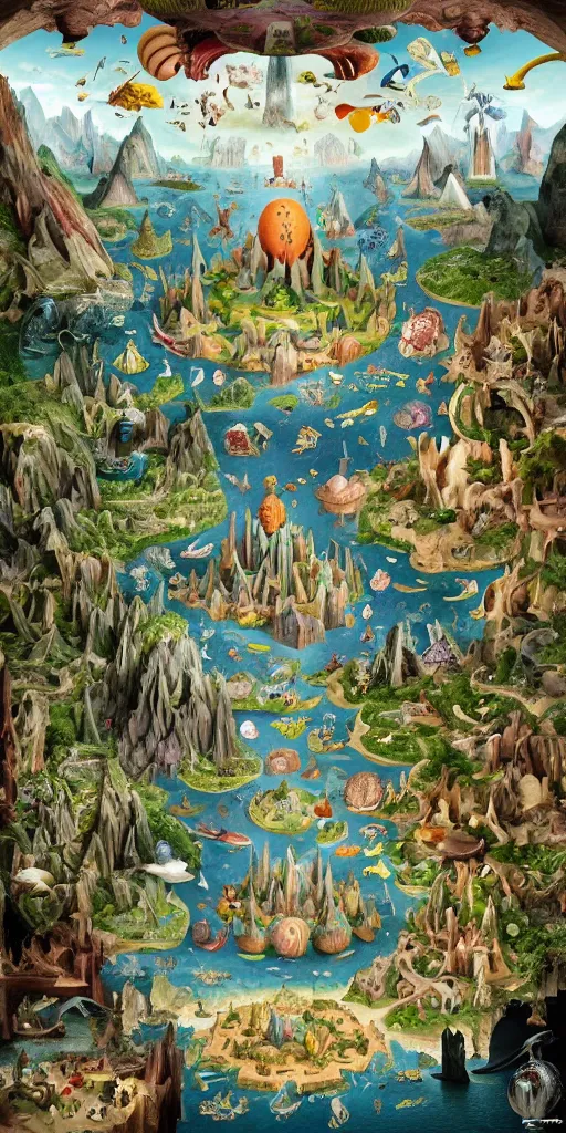 Prompt: a beautiful and insanely detailed matte painting of a giant world-turtle designed by Heironymous Bosch, mega structures inspired by Heironymous Bosch's Garden of Earthly Delights, creatures of the air and sea inspired by Heironymous Bosch's Garden of Earthly Delights, ships in the harbor inspired by Heironymous Bosch's Garden of Earthly Delights, vast surreal landscape and horizon by Jim Burns, rich pastel color palette, masterpiece!!, grand!, imaginative!!!, whimsical!!, epic scale, intricate details, sense of awe, elite, fantasy realism, complex layered composition!!