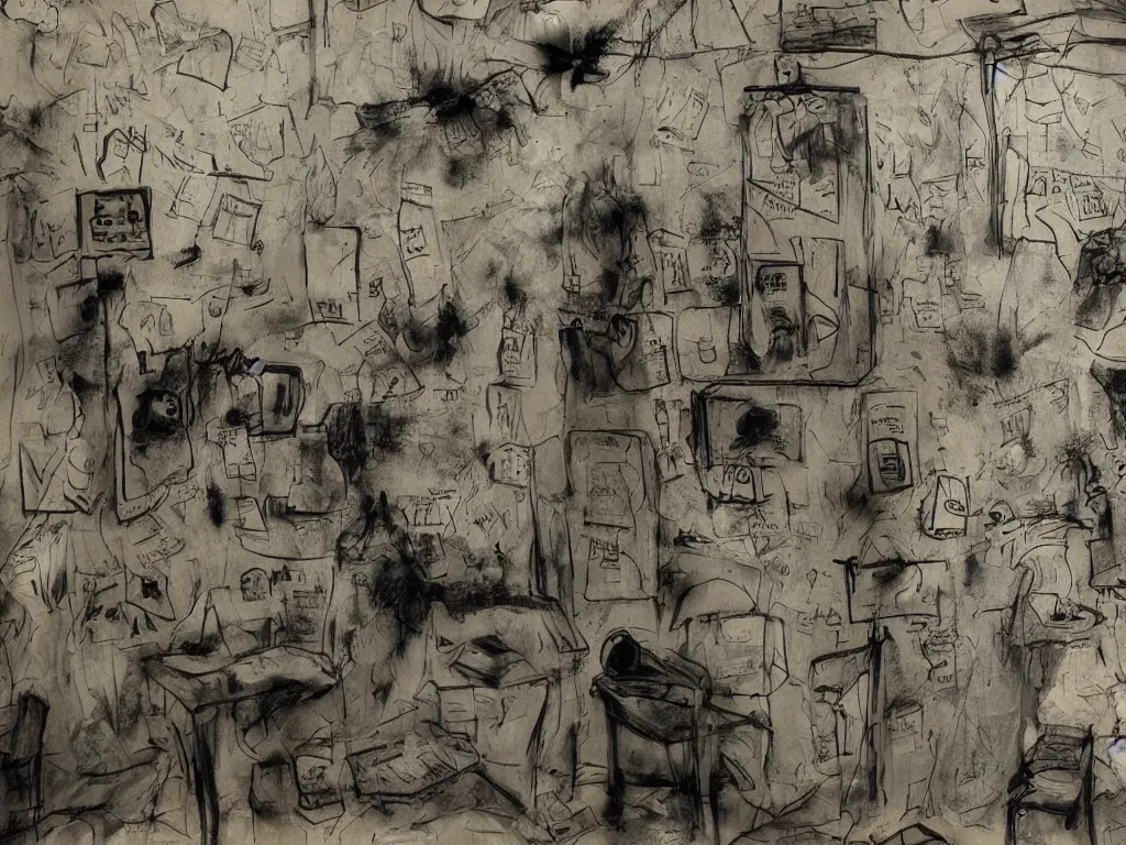 Image similar to “A spectral archive of an interrogation room in Guantanamo Bay detention center with military men and women facing, surrounding detainees, expressionist maleficent atmosphere, drawings on dirty walls, slack of papers, photographs hanging on a board, injustice, depredation, depravation, redacted, highly detailed, texturized, raw footage”