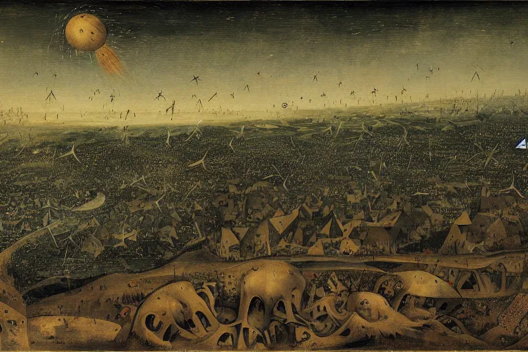 Image similar to a monstrous shooting star that is about to destroy the earth and the whole universe, by pieter bruegel,