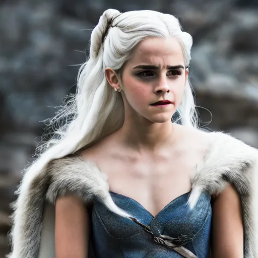 Image similar to Emma Watson as Daenerys Targaryen, XF IQ4, f/1.4, ISO 200, 1/160s, 8K, Sense of Depth, color and contrast corrected, Nvidia AI, Dolby Vision, in-frame