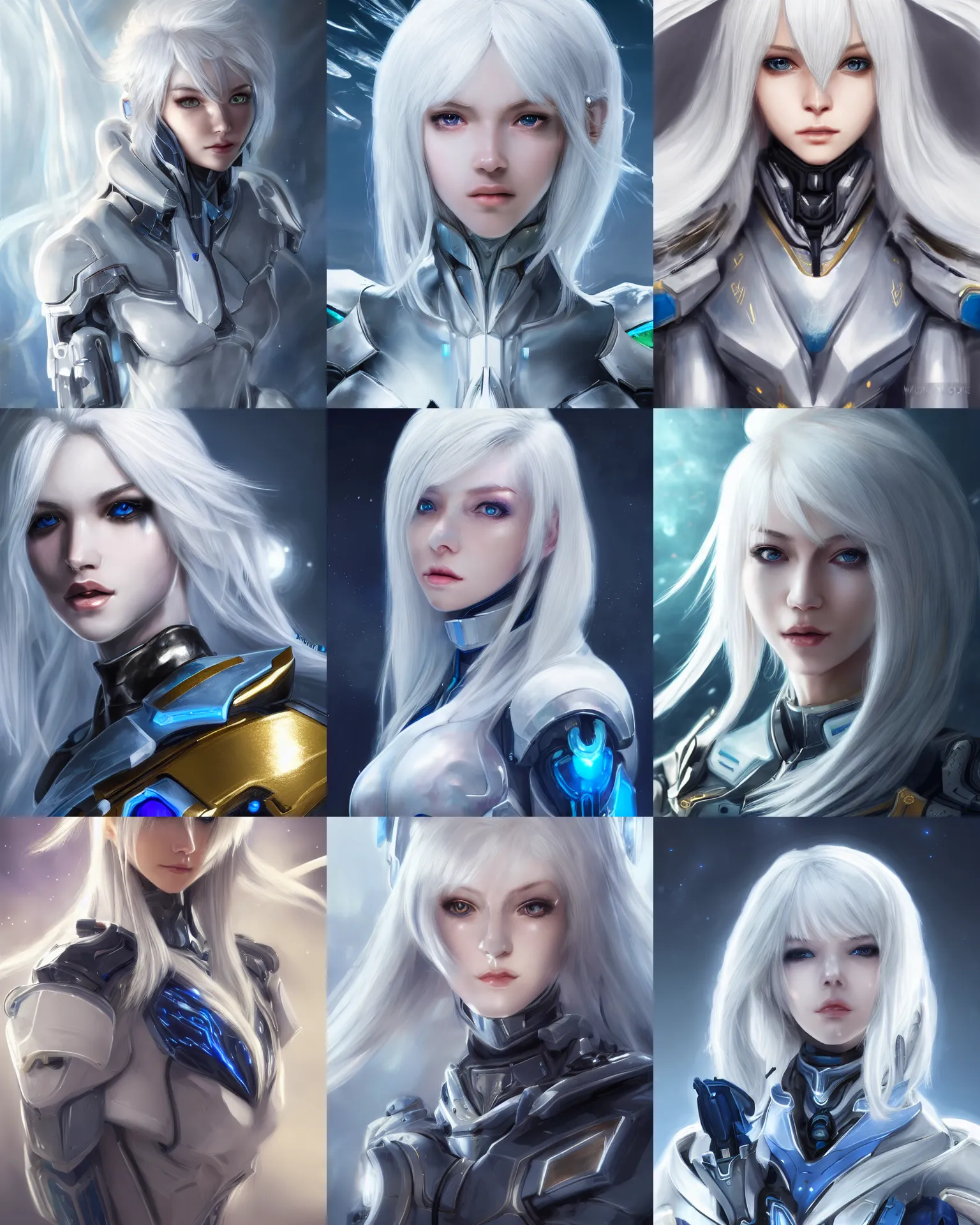 Prompt: detailed portrait of perfect white haired girl, android, warframe armor, beautiful, dreamy, pretty face, blue cyborg, eyes, scifi, 4 k, blue, gold, sun yunjoo, ultra realistic, aura of light, cinematic lighting, highly detailed, sharp focus, masterpiece, art by won kim