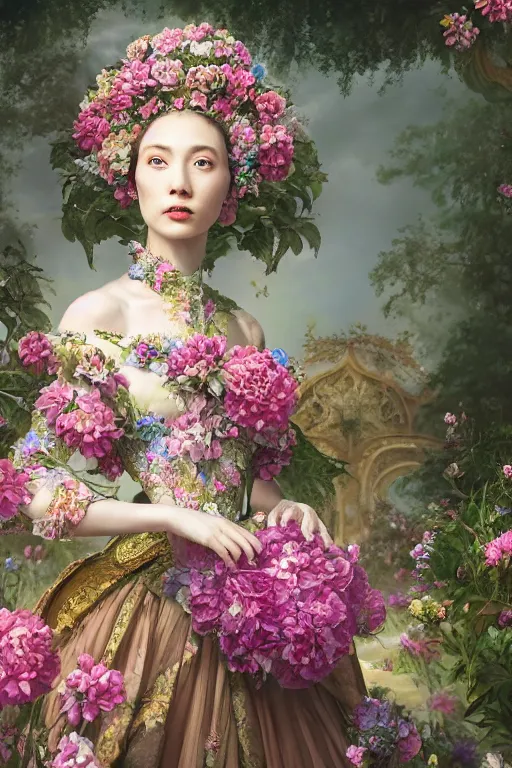 Image similar to a beautiful portrait of an empress in her garden, with a brilliant, impossible striking big flower headpiece, clothes entirely made out of flowers, symmetrical, closeup, dramatic studio lighting, rococo, baroque, jewels, asian, hyperrealism, D&D, fantasy, intricate, elegant, highly detailed, digital painting, artstation, octane render, 8k, concept art, matte, sharp focus, illustration, art by Artgerm and Greg Rutkowski and Alphonse Mucha