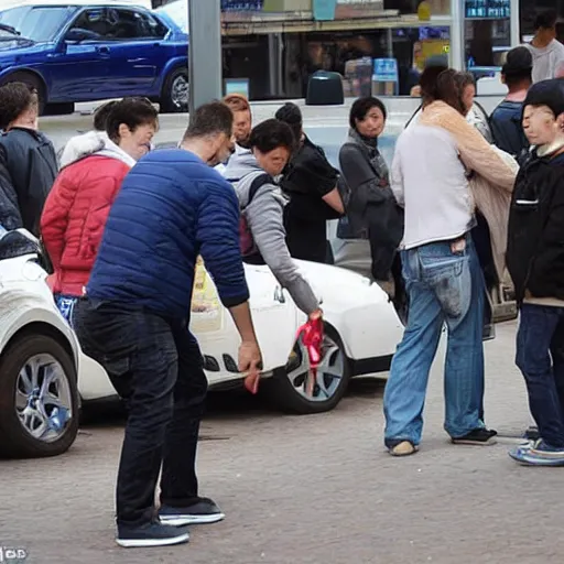 Image similar to car-manipulator picks up one person from a queue of people looking for a store