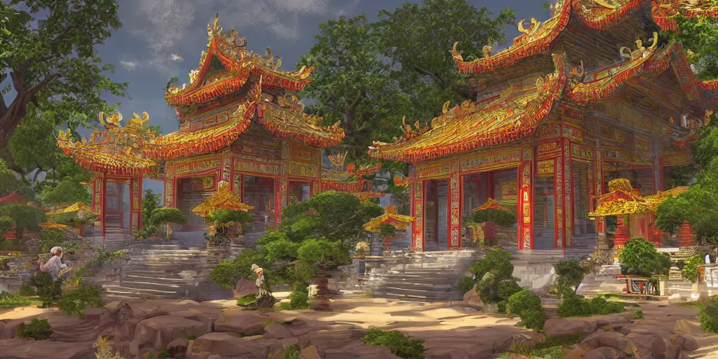 Prompt: vietnamese temple scene, 2 d game art background, sharp, detailed, intricate, game level design, cinematic lighting, trending on artstation, in style of vinodh sivaraja and lam manh