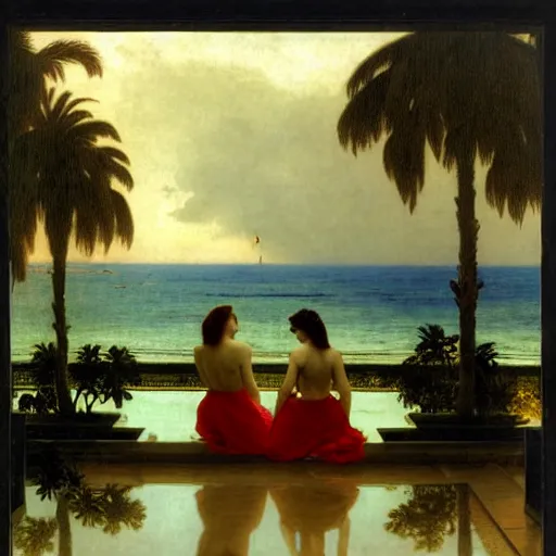 Image similar to Silhouette of two girls at the palace, thunderstorm, greek pool, beach and palm trees on the background major arcana sky, by paul delaroche, alphonse mucha and arnold böcklin arnold böcklin hyperrealistic 8k, very detailed