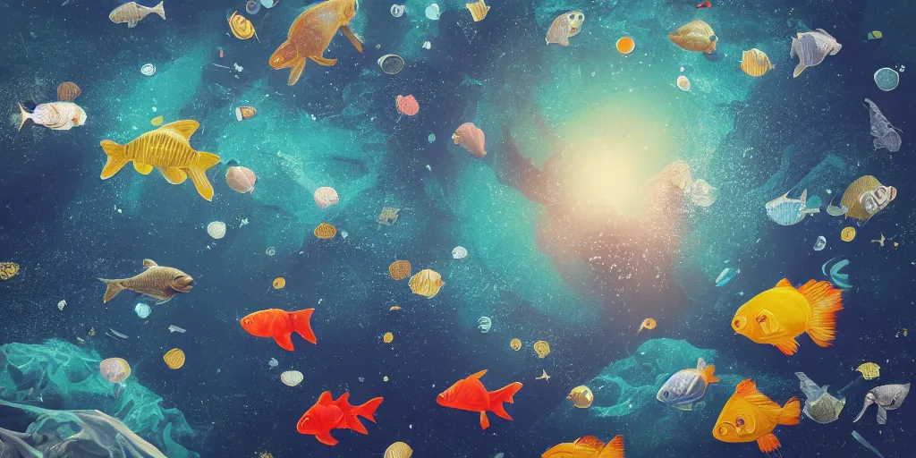 Prompt: a group of fishes of different types and sizes swimming between the clouds in outer space, stars and suns in the background, landscape, the fishes are swimming away from the camera in an order from biggest to smallest, Artstation Trending, cgsociety, high quality, ultra realism, high definition, post processing, unreal engine, 8k, high resolution, octane render, 4k UHD, photographic, digital art, illustrated by uroš golubović artstation and bobryshev aleksandr artstation and ranulf busby doku artstation and echo lima artstation