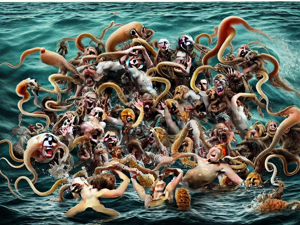 Image similar to a photograph of a screaming man in the ocean swarmed by squids, dogs, baboons, and squirrels, the man's mouth is stuffed with bones and the water foams all over the gaff
