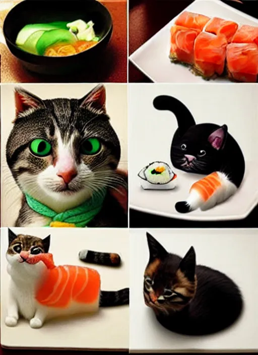 Image similar to clear photorealistic picture of adorable cats made out of sushi