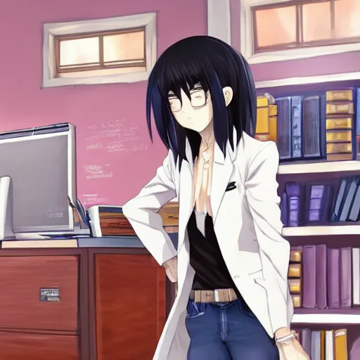 Image similar to aloof anime man with black emo hair wearing jean shorts, standing in headmistress's office, smug grin, smug expression, punchable expression, punchable face, sharp details, subsurface scattering, intricate details, art by artgerm, anime, anime hd wallpaper, 2 0 1 9 anime screenshot