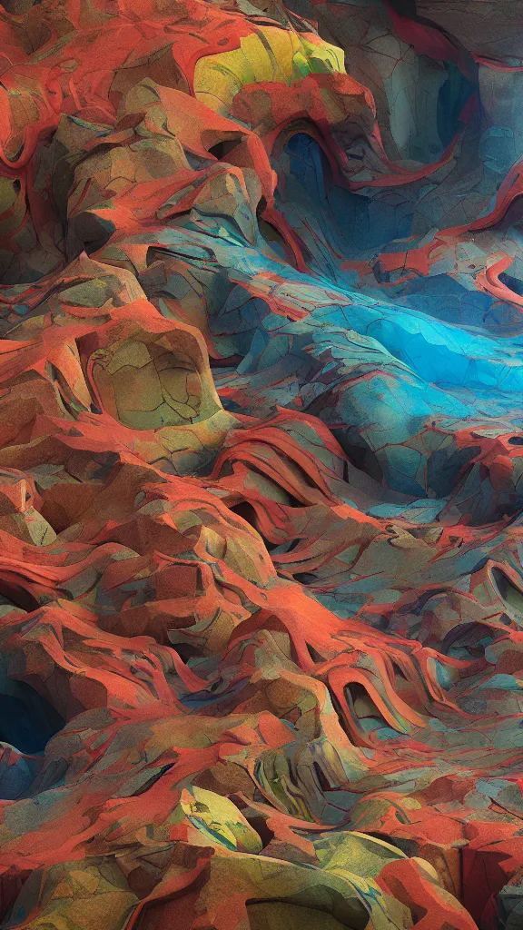 Prompt: vivid color, sedimentary schematic, organic swirling igneous rock, architectural drawing with layers of strata by James jean, geology, octane render in the style of Luis García Mozos