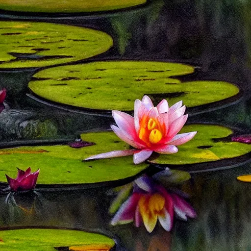 Image similar to close - up of a flirty frog in the pond with water lilies, shallow depth of field, highly detailed, autumn, rain, bad weather, ominous, digital art, masterpiece, matte painting, sharp focus, matte painting, by isaac levitan, by monet, asher brown durand,