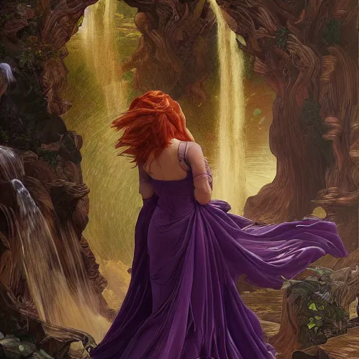 Image similar to a highly detailed byzantine painting of scarlett johansson and emma watson as red haired queens walking through a waterfall in a gossamer purple dress, epic fantasy, stormy night, viewed in profile from far away, ultrawide lens, art by artgerm and greg rutkowski and alphonse mucha, volumetric lighting, 4 k resolution, trending on artstation, masterpiece