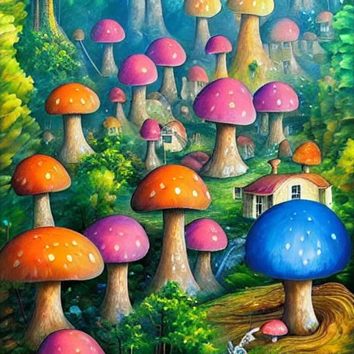Image similar to glowing mushroom houses in a forest village, mushroom architecture, art by ricardo bofill, james christensen, rob gonsalves, paul lehr, leonid afremov and tim white