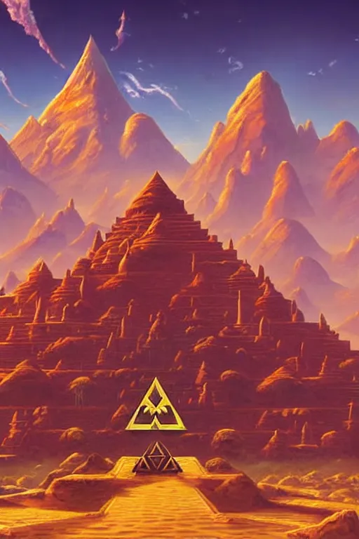 Prompt: zelda botw, epic forgotten triforce temple, art by tim hildebrandt, dramatic lighting, desert colours, unreal engine, very elegant, wide angle lens