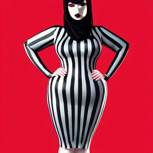 Image similar to a curvy pale hot goth young woman wearing an elegant modest tight shiny red-silver-black striped latex high-neck dress, cgsociety, photorealistic, sublime-cool-hyperadvanced-dark ambience, 16k, smooth, sharp focus, trending on ArtStation, volumetric lighting, fully clothed, thin waist