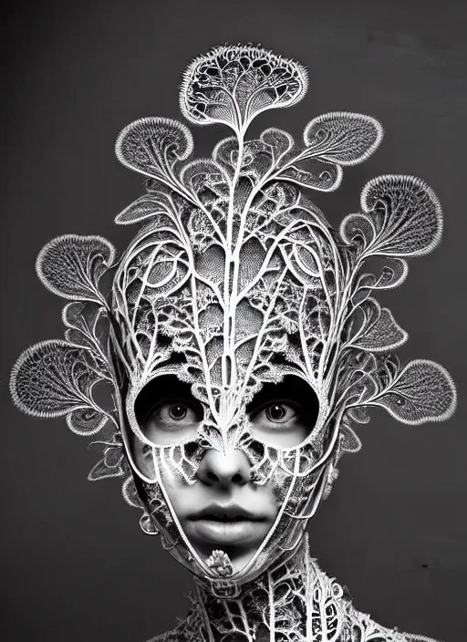 Image similar to surreal black and white photo portrait of complex bio-mechanical beautiful young female vegetal-cyborg with a Mandelbrot fractal metal fine lace face, curled silver hair, 150 mm lens, soft rim light, fine metal floral foliage super big lace collar by Alexander McQueen, high fashion, haute couture, rococo, steampunk, silver filigree details, anatomical, facial muscles, cable wires, microchip, elegant, hyper realistic, octane render, unreal engine, in the style Dora Maar, volumetric lighting, 8k,